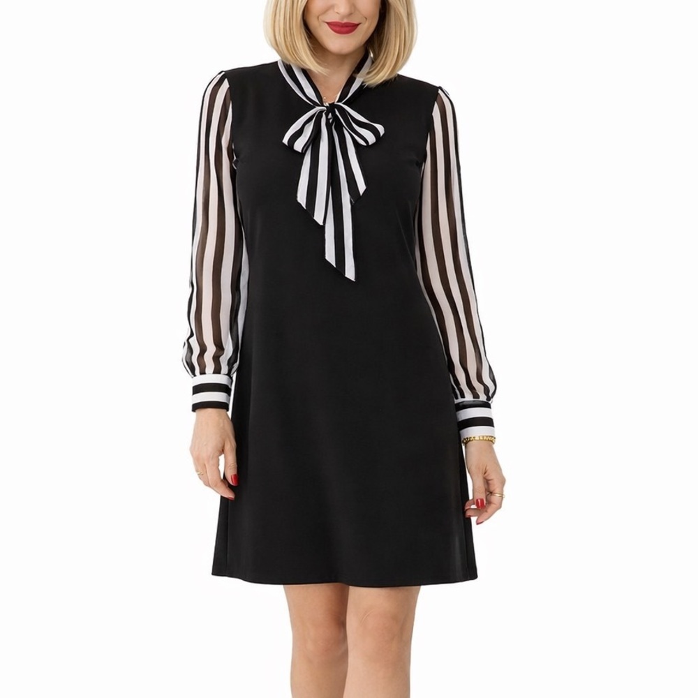 Black Bow Tie Neck Dress Sheer Striped Long Sleeves Work Cocktail